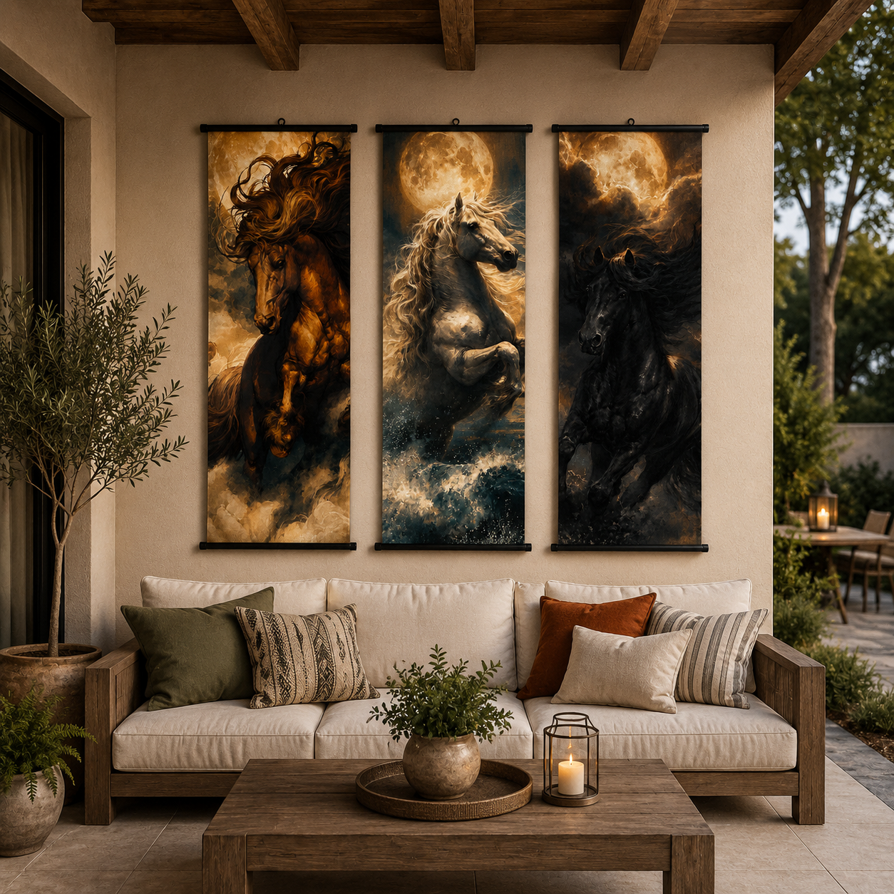 Galloping Horses Scroll Wall Art Set of 3 – Large Canvas Hanging Prints, 120 × 40 cm Running Horse Wall Decor for Living Room, Bedroom & Office