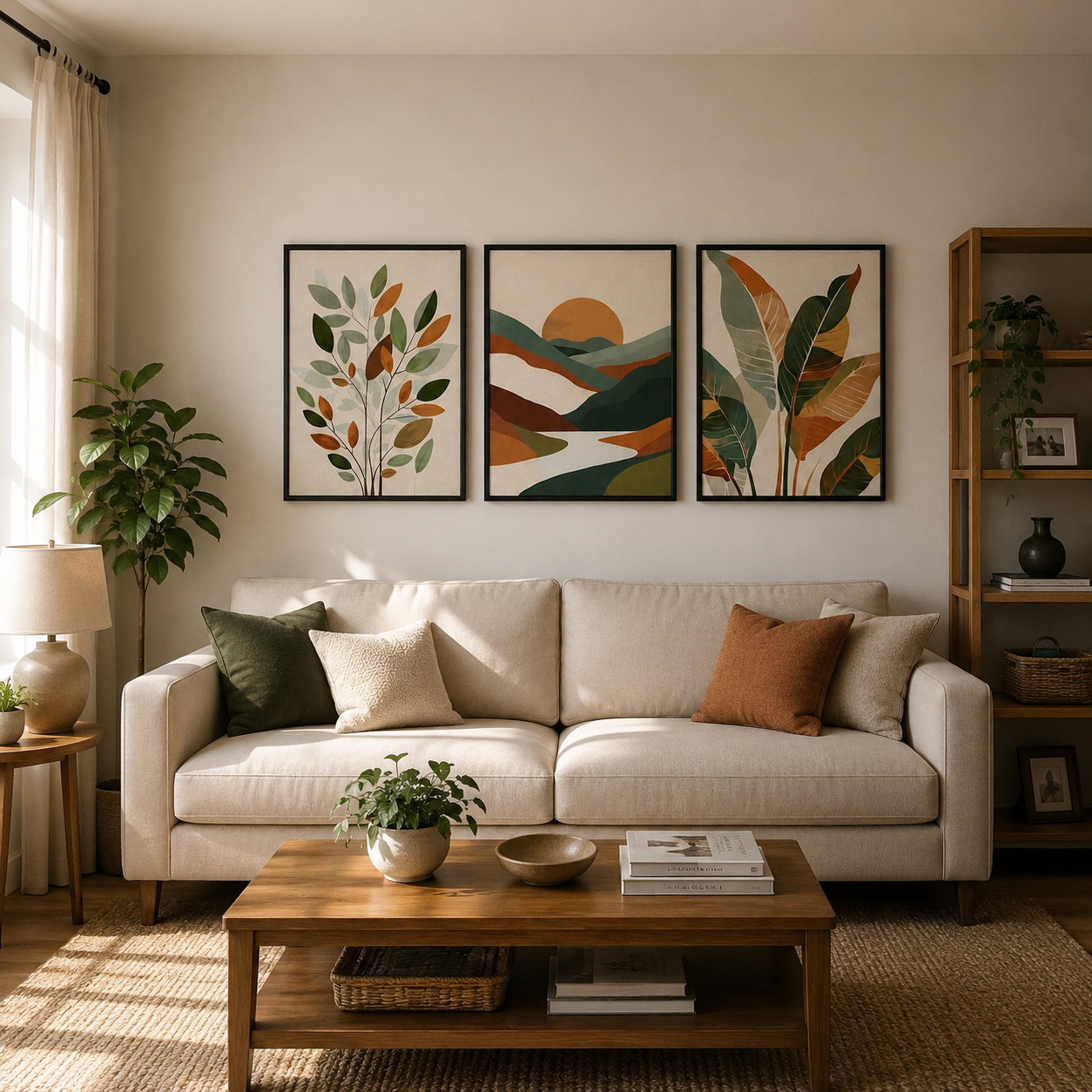 Nature Landscape & Botanical Wall Art Set of 3 | Framed Canvas Prints | Modern Abstract Green & Terracotta Wall Decor | 30 × 40 cm (12 × 16 in)