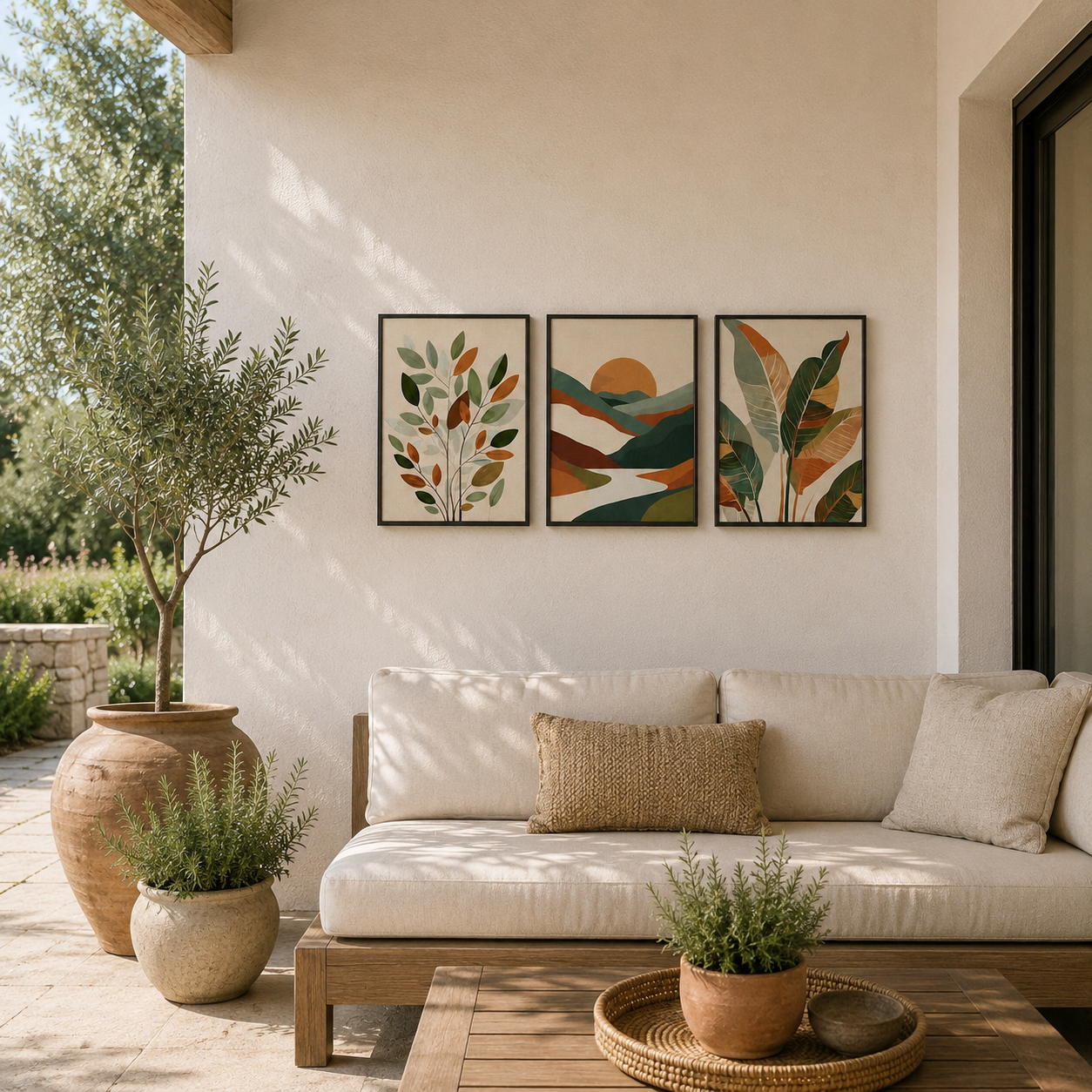 Nature Landscape & Botanical Wall Art Set of 3 | Framed Canvas Prints | Modern Abstract Green & Terracotta Wall Decor | 30 × 40 cm (12 × 16 in)