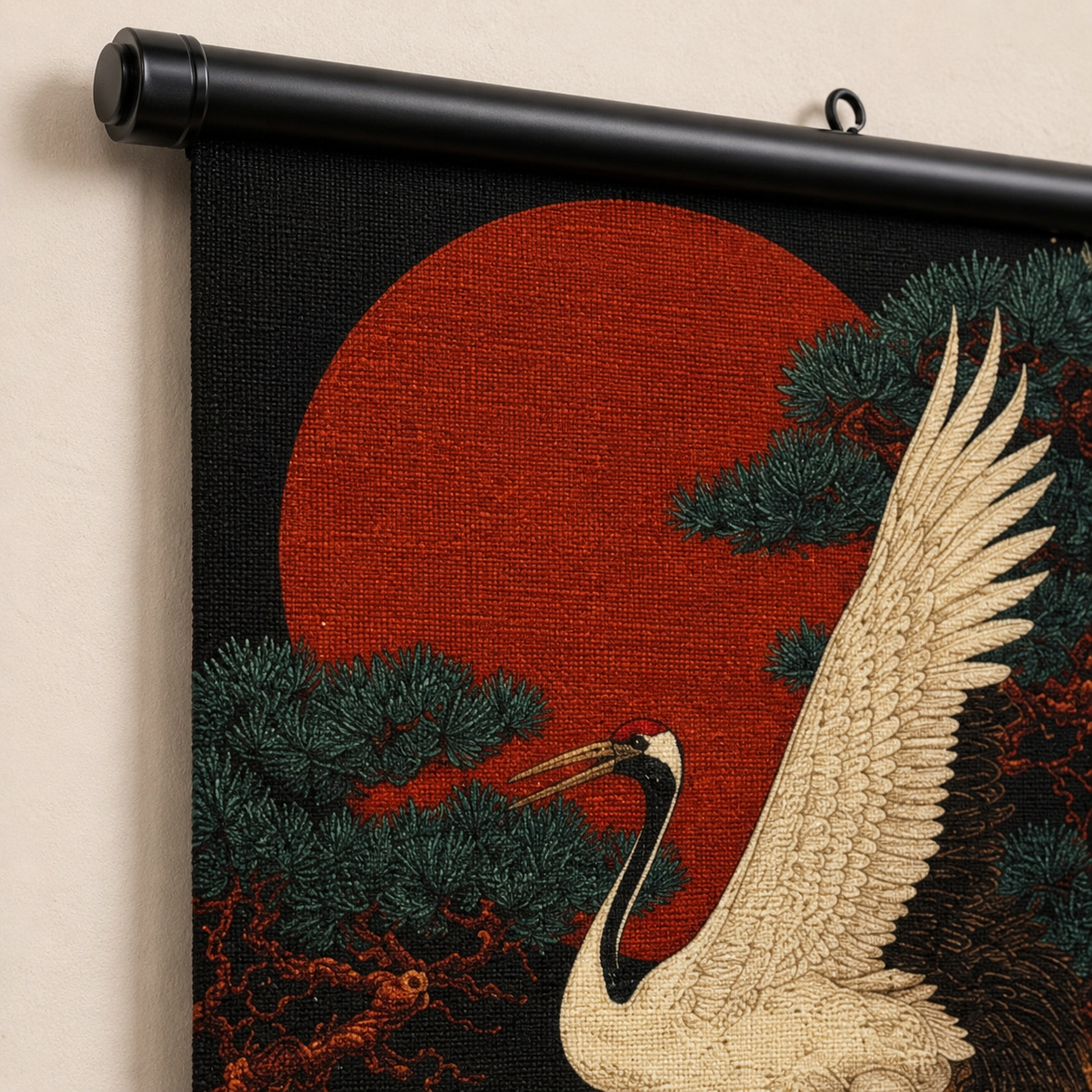 Japanese Ukiyo-e Red-Crowned Crane Scroll Wall Art Set of 3 – Large Canvas Hanging Prints, 120 × 40 cm Zen Bird & Ocean Wave Wall Decor for Living Room, Bedroom & Office