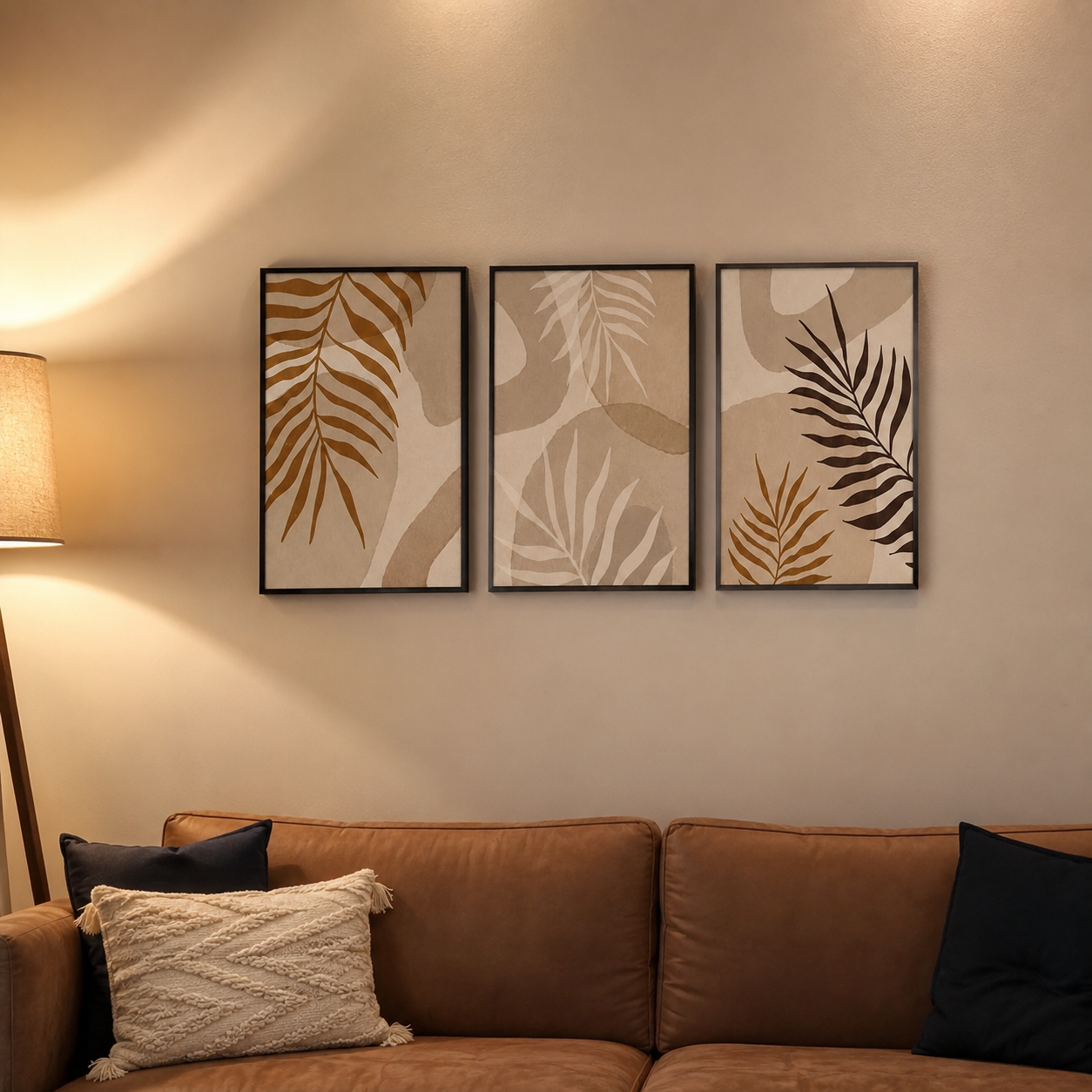 Boho Botanical Palm Leaf Wall Art Set of 3 | Framed Canvas Prints | Neutral Beige Tropical Wall Decor | 30 × 40 cm (12 × 16 in)