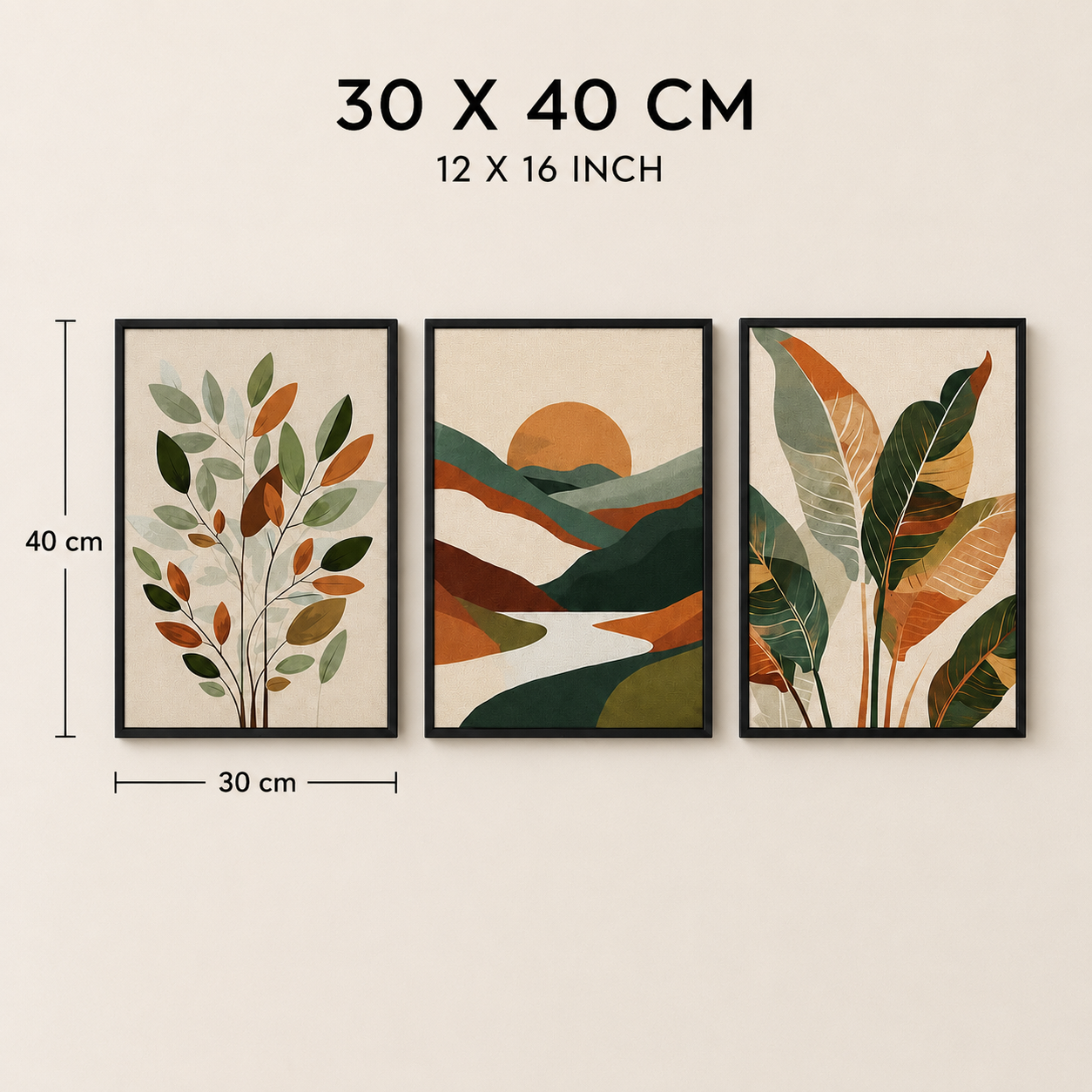Nature Landscape & Botanical Wall Art Set of 3 | Framed Canvas Prints | Modern Abstract Green & Terracotta Wall Decor | 30 × 40 cm (12 × 16 in)