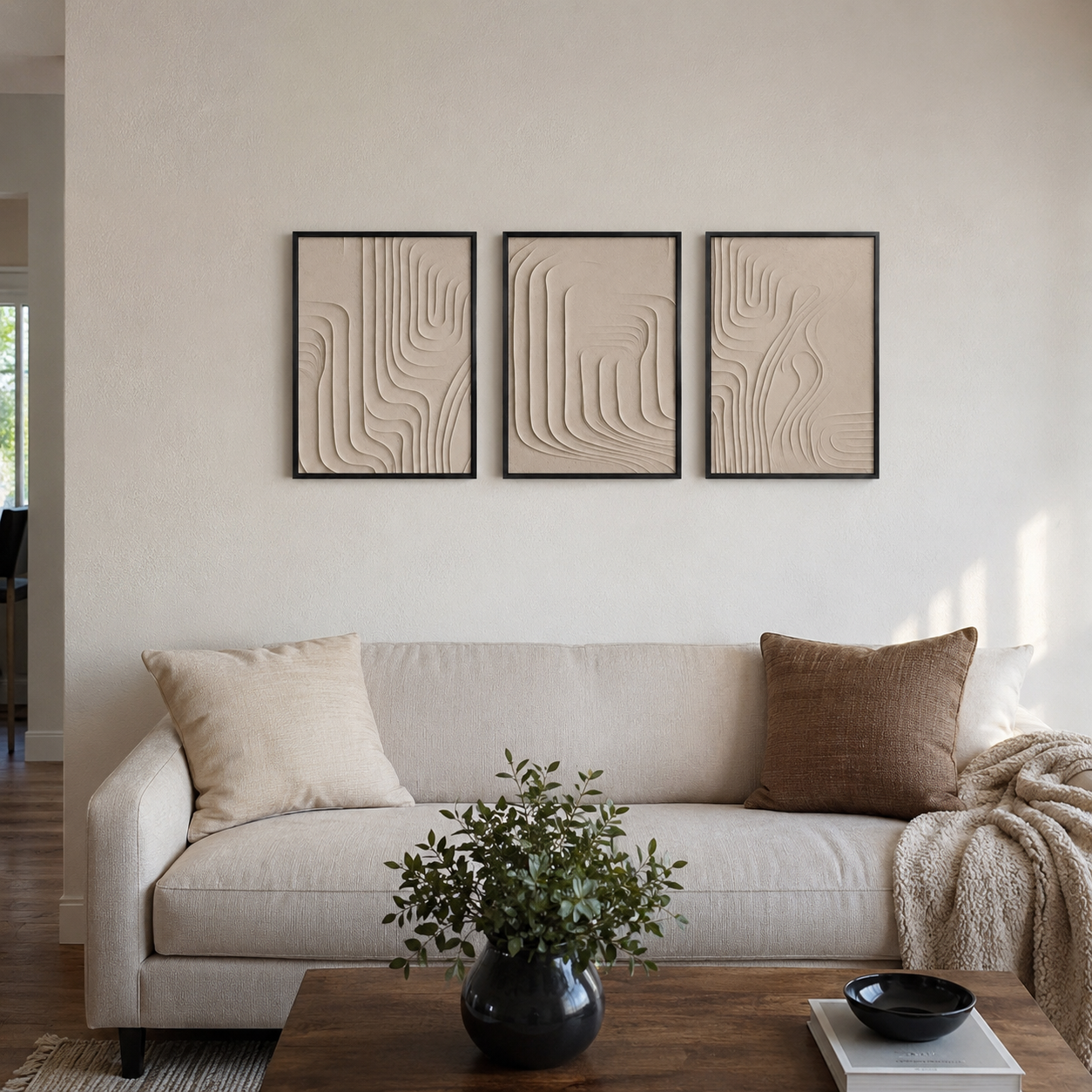 Modern 3D Textured Abstract Wall Art Set of 3 | Framed Canvas Prints | Minimalist Neutral Beige Wall Decor | 30 × 40 cm (12 × 16 in)