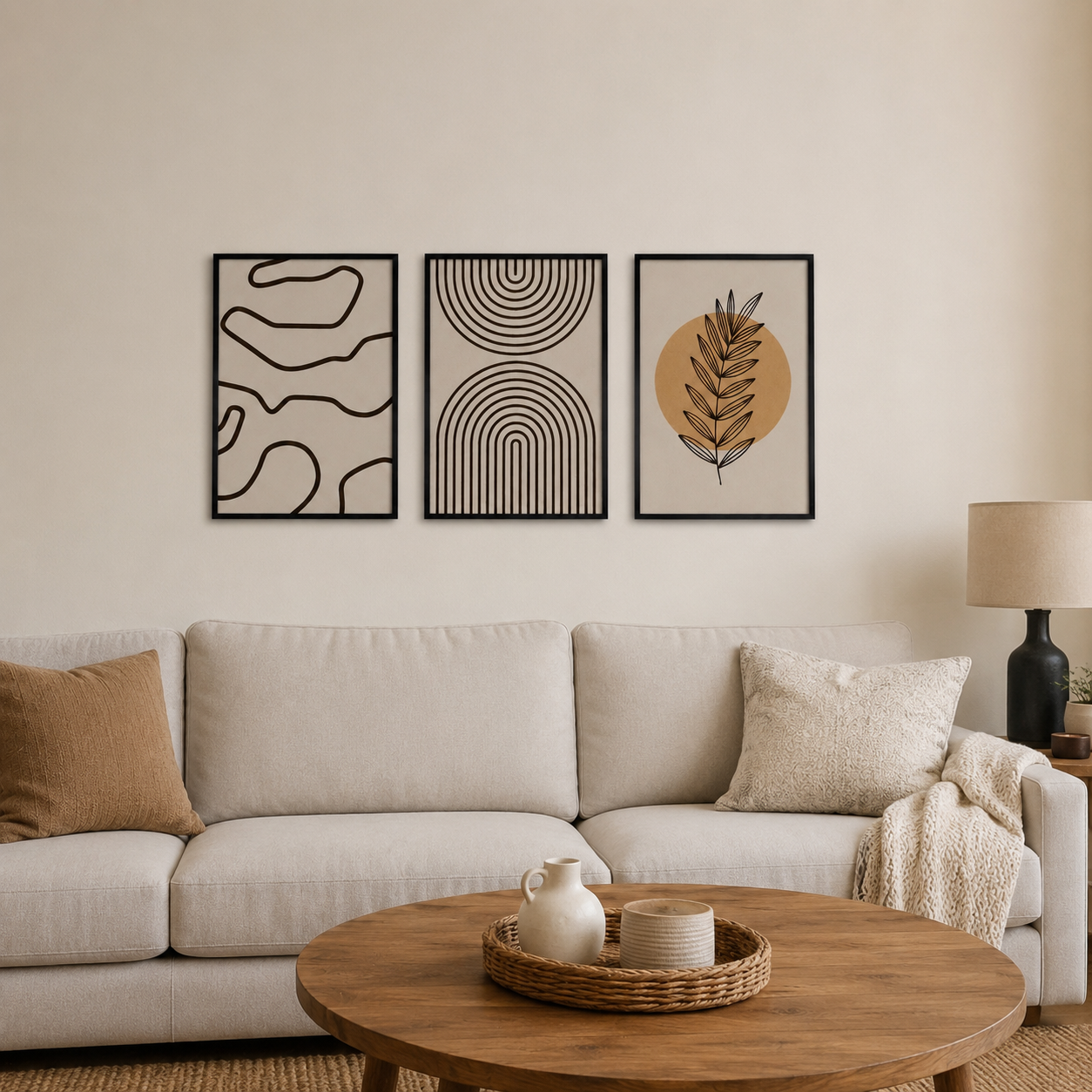 Modern Boho Abstract Line Art Wall Art Set of 3 | Framed Canvas Prints | Neutral Beige Botanical Wall Decor | 30 × 40 cm (12 × 16 in)