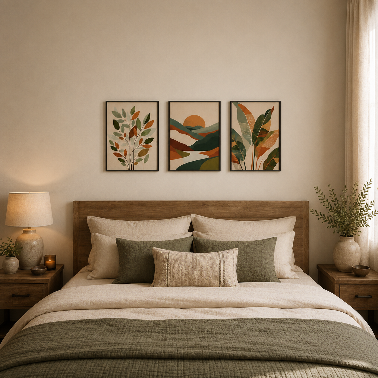 Nature Landscape & Botanical Wall Art Set of 3 | Framed Canvas Prints | Modern Abstract Green & Terracotta Wall Decor | 30 × 40 cm (12 × 16 in)