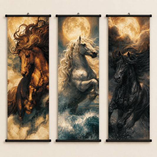 Galloping Horses Scroll Wall Art Set of 3 – Large Canvas Hanging Prints, 120 × 40 cm Running Horse Wall Decor for Living Room, Bedroom & Office