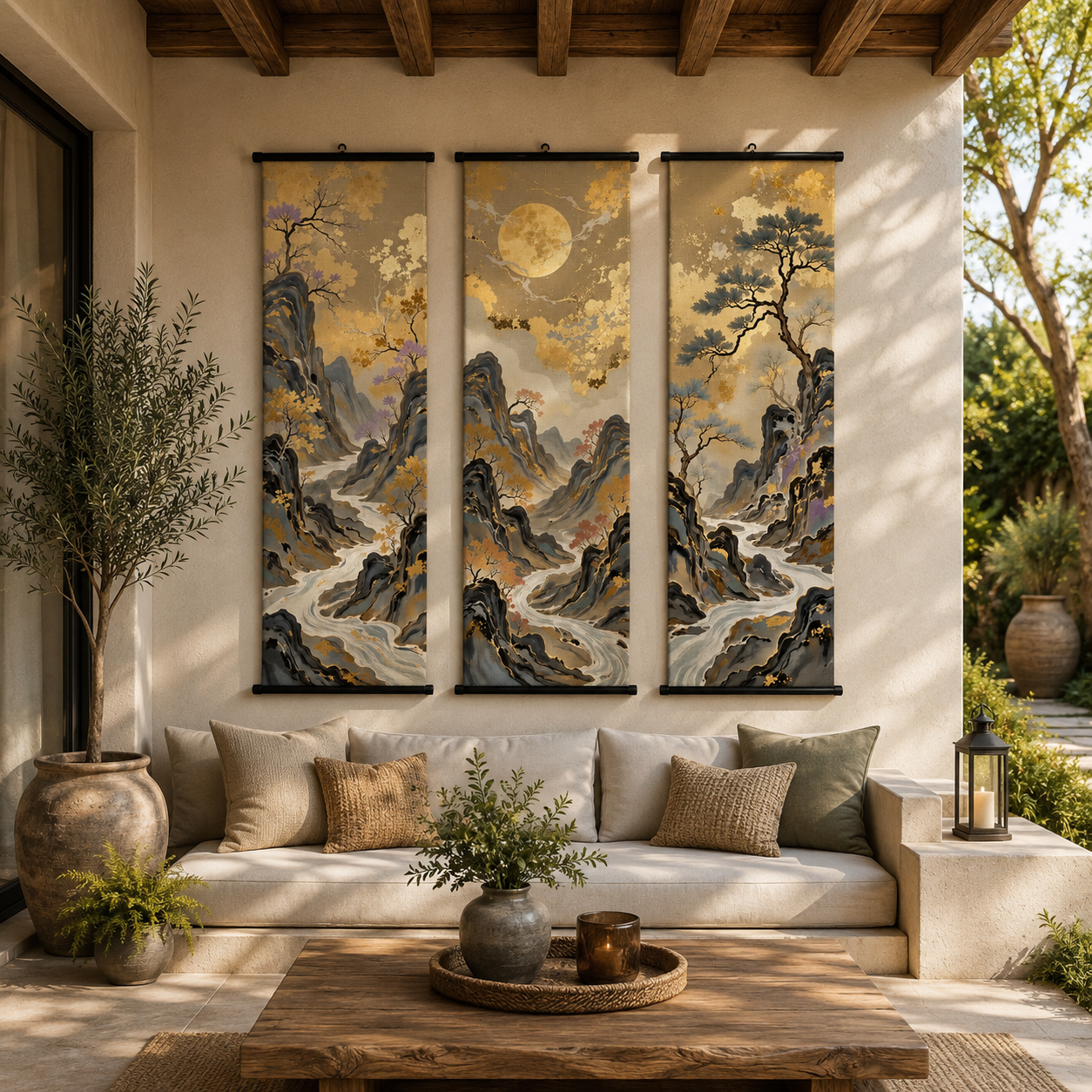 Golden Mountain Scroll Wall Art Set of 3 – Large Japanese Style Canvas Hanging Prints, 120 × 40 cm Landscape Wall Decor for Living Room, Bedroom & Office