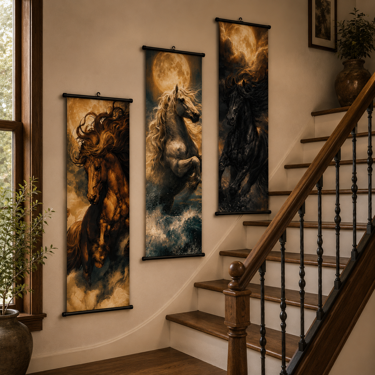 Galloping Horses Scroll Wall Art Set of 3 – Large Canvas Hanging Prints, 120 × 40 cm Running Horse Wall Decor for Living Room, Bedroom & Office