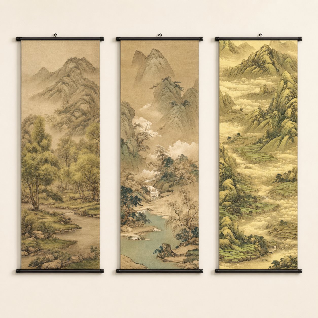 Large Chinese Landscape Scroll Wall Art Set of 3 – Canvas Hanging Prints, 120 × 40 cm Japanese Zen Mountain Nature Wall Decor for Living Room, Bedroom & Office