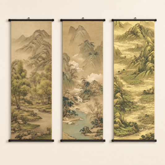Large Chinese Landscape Scroll Wall Art Set of 3 – Canvas Hanging Prints, 120 × 40 cm Japanese Zen Mountain Nature Wall Decor for Living Room, Bedroom & Office