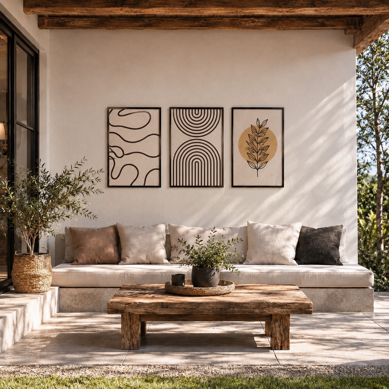 Modern Boho Abstract Line Art Wall Art Set of 3 | Framed Canvas Prints | Neutral Beige Botanical Wall Decor | 30 × 40 cm (12 × 16 in)