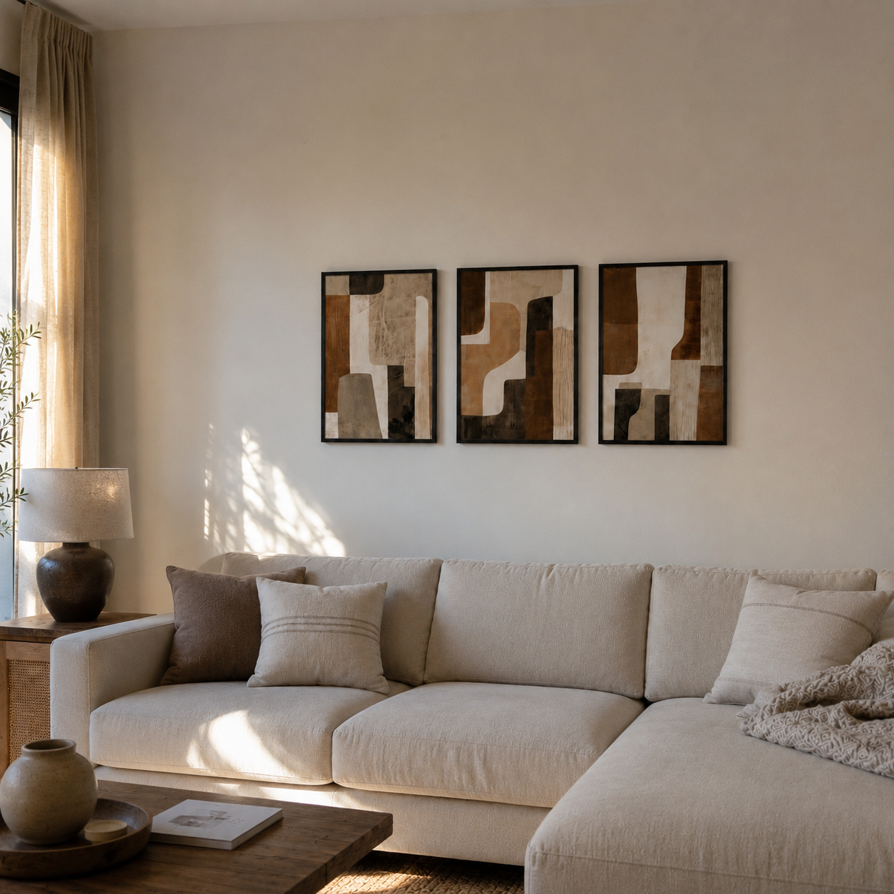 Modern Abstract Earth Tone Wall Art Set of 3 | Framed Canvas Prints | Brown & Beige Minimalist Wall Decor | 30 × 40 cm (12 × 16 in)