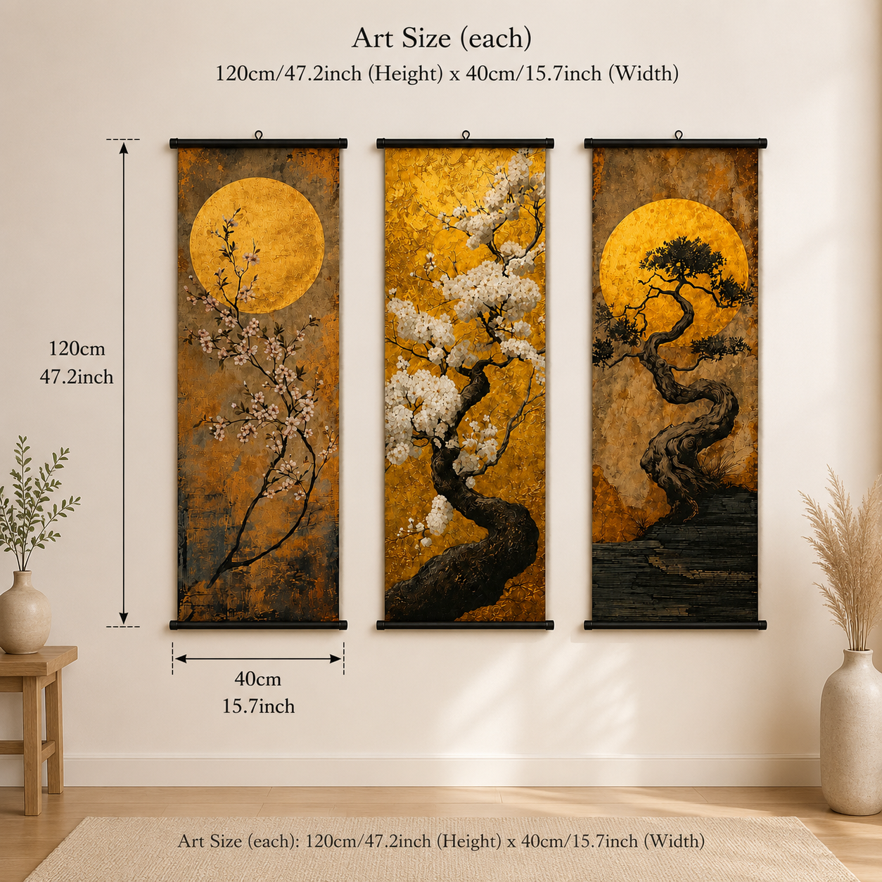 Golden Moon Tree Scroll Wall Art Set of 3 – Large Japanese Zen Canvas Hanging Prints, 120 × 40 cm Bonsai & Cherry Blossom Wall Decor for Living Room, Bedroom & Office