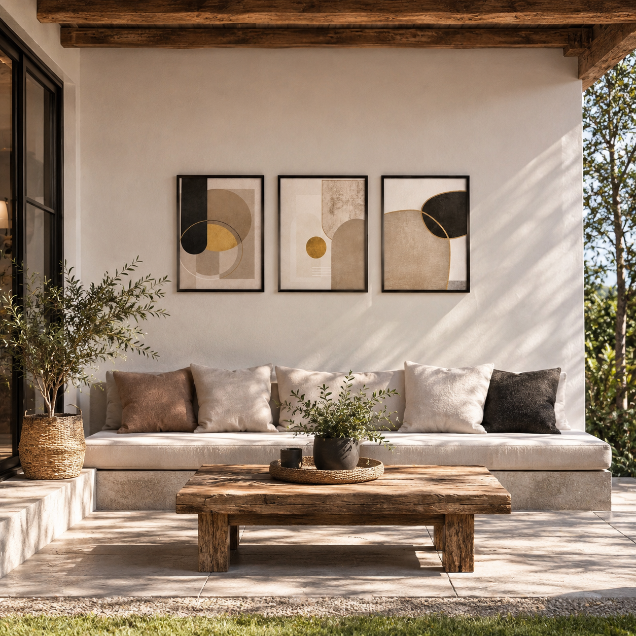 Luxury Modern Abstract Geometric Wall Art Set of 3 | Framed Canvas Prints | Neutral Beige, Black & Gold Wall Decor | 30 × 40 cm (12 × 16 in)