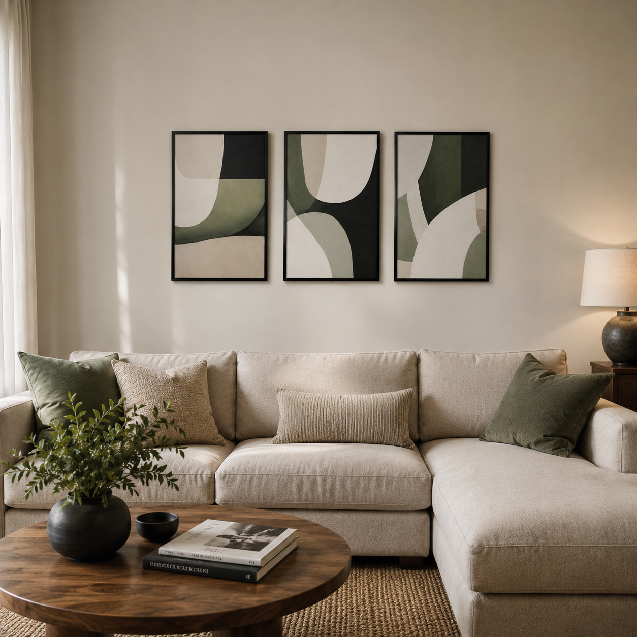 Modern Abstract Green & Black Wall Art Set of 3 | Minimalist Framed Canvas Prints | Sage Green Contemporary Wall Decor | 30 × 40 cm (12 × 16 in)