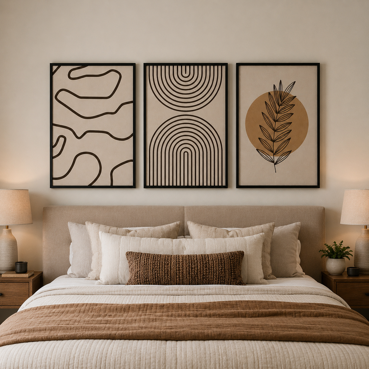 Modern Boho Abstract Line Art Wall Art Set of 3 | Framed Canvas Prints | Neutral Beige Botanical Wall Decor | 30 × 40 cm (12 × 16 in)