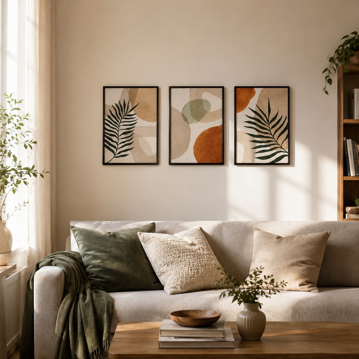 Boho Botanical Abstract Wall Art Set of 3 | Framed Canvas Prints | Minimalist Tropical Leaf Wall Decor | 30 × 40 cm (12 × 16 in)