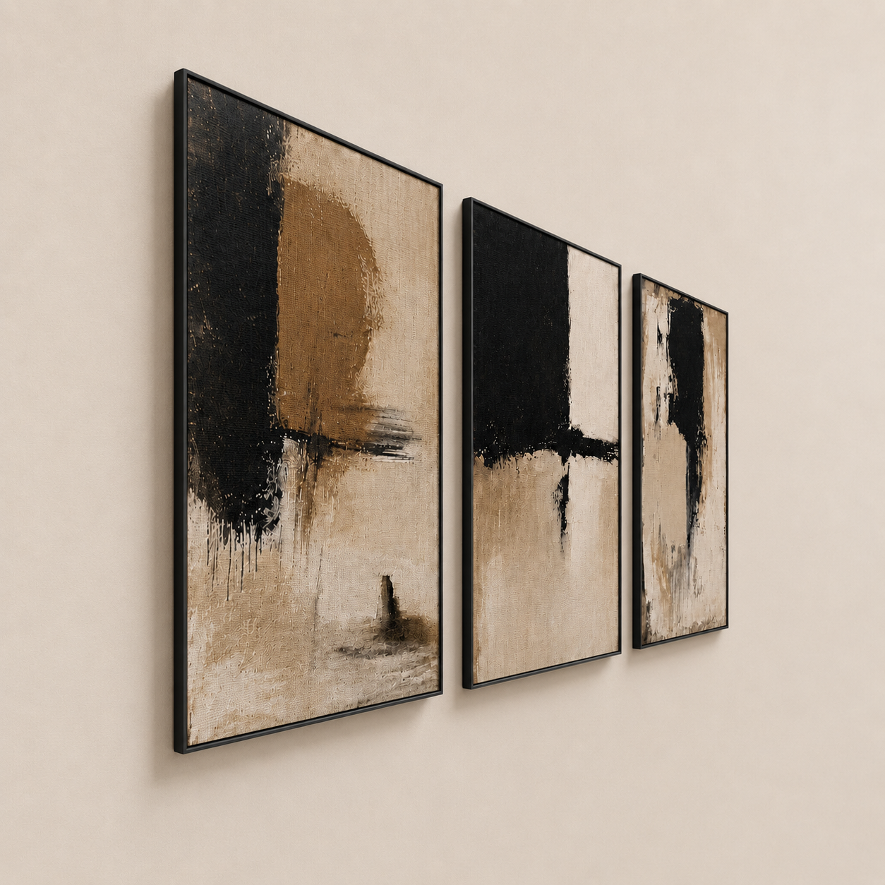 Modern Abstract Black Beige Wall Art Set of 3 | Minimalist Framed Canvas Prints | Neutral Contemporary Wall Decor | 30 × 40 cm (12 × 16 in)