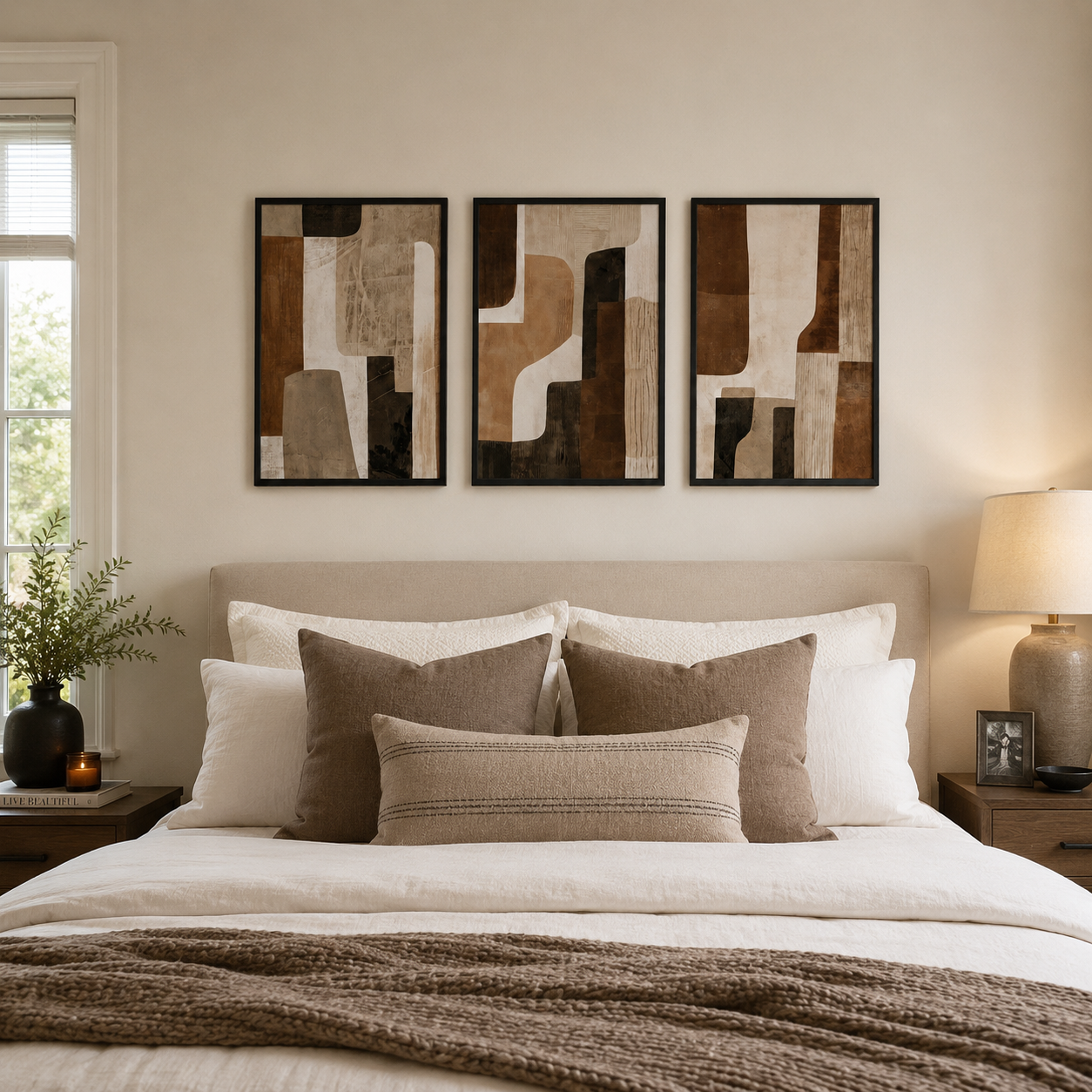 Modern Abstract Earth Tone Wall Art Set of 3 | Framed Canvas Prints | Brown & Beige Minimalist Wall Decor | 30 × 40 cm (12 × 16 in)