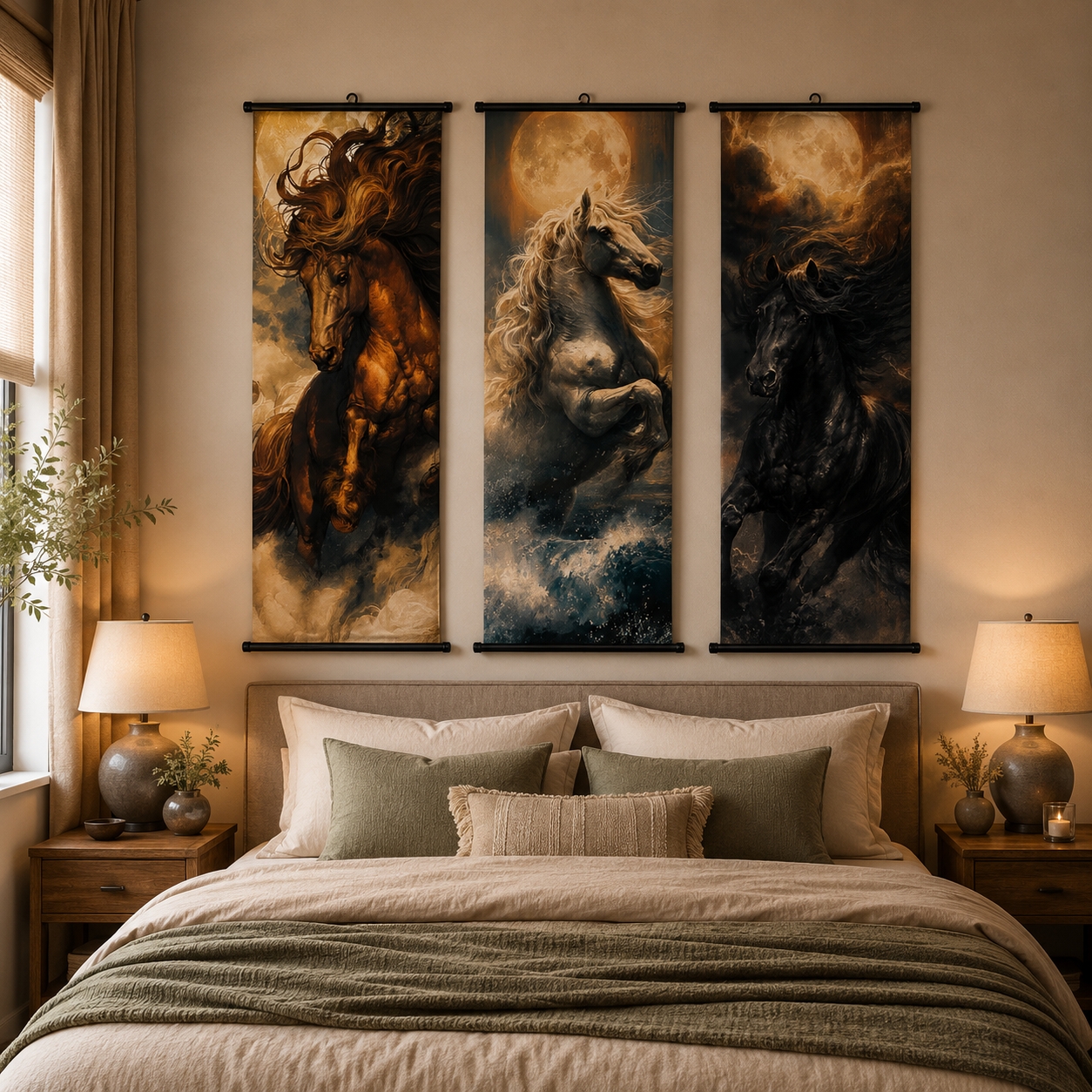 Galloping Horses Scroll Wall Art Set of 3 – Large Canvas Hanging Prints, 120 × 40 cm Running Horse Wall Decor for Living Room, Bedroom & Office