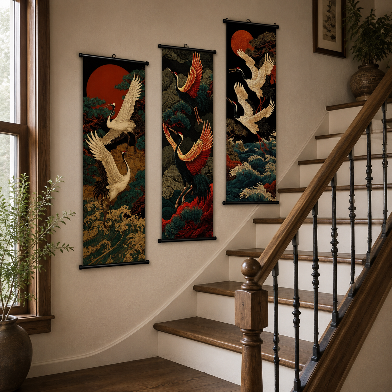Japanese Ukiyo-e Red-Crowned Crane Scroll Wall Art Set of 3 – Large Canvas Hanging Prints, 120 × 40 cm Zen Bird & Ocean Wave Wall Decor for Living Room, Bedroom & Office