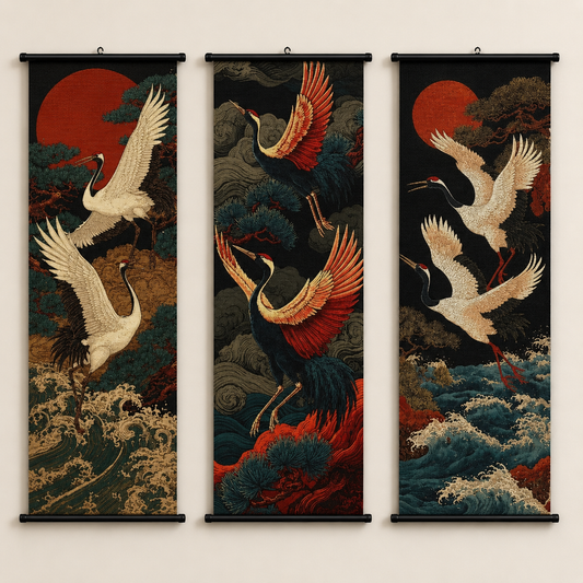 Japanese Ukiyo-e Red-Crowned Crane Scroll Wall Art Set of 3 – Large Canvas Hanging Prints, 120 × 40 cm Zen Bird & Ocean Wave Wall Decor for Living Room, Bedroom & Office