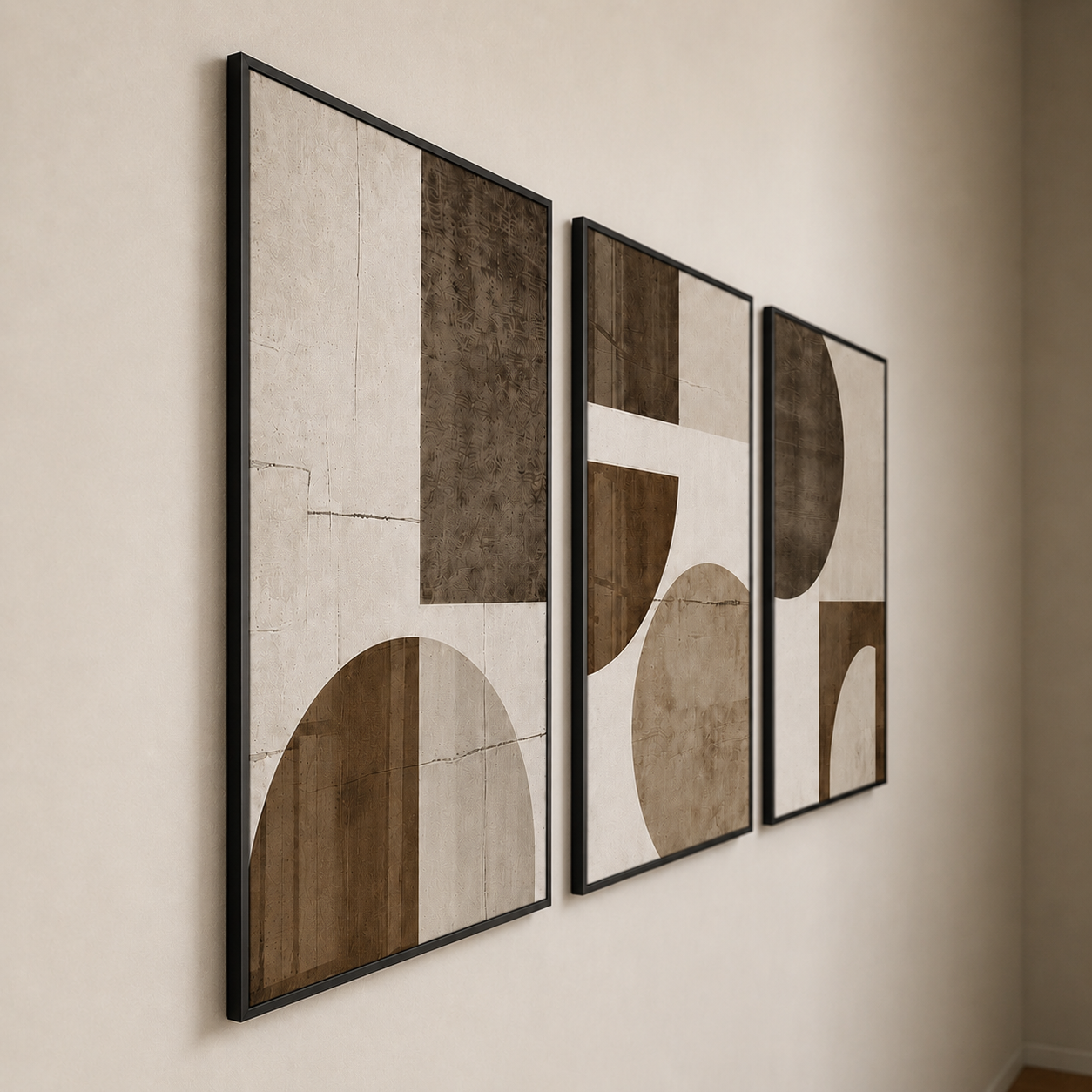 Modern Abstract Geometric Wall Art Set of 3 – Framed Canvas Prints | Minimalist Brown & Beige Wall Decor (30 × 40 cm / 12 × 16 in)