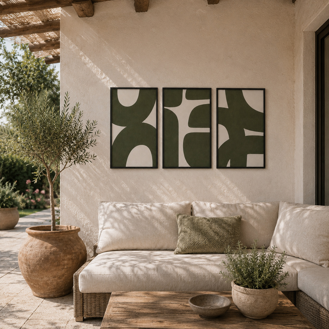 Modern Abstract Geometric Wall Art Set of 3 | Framed Canvas Prints | Minimalist Olive Green Wall Decor | 30 × 40 cm (12 × 16 in)