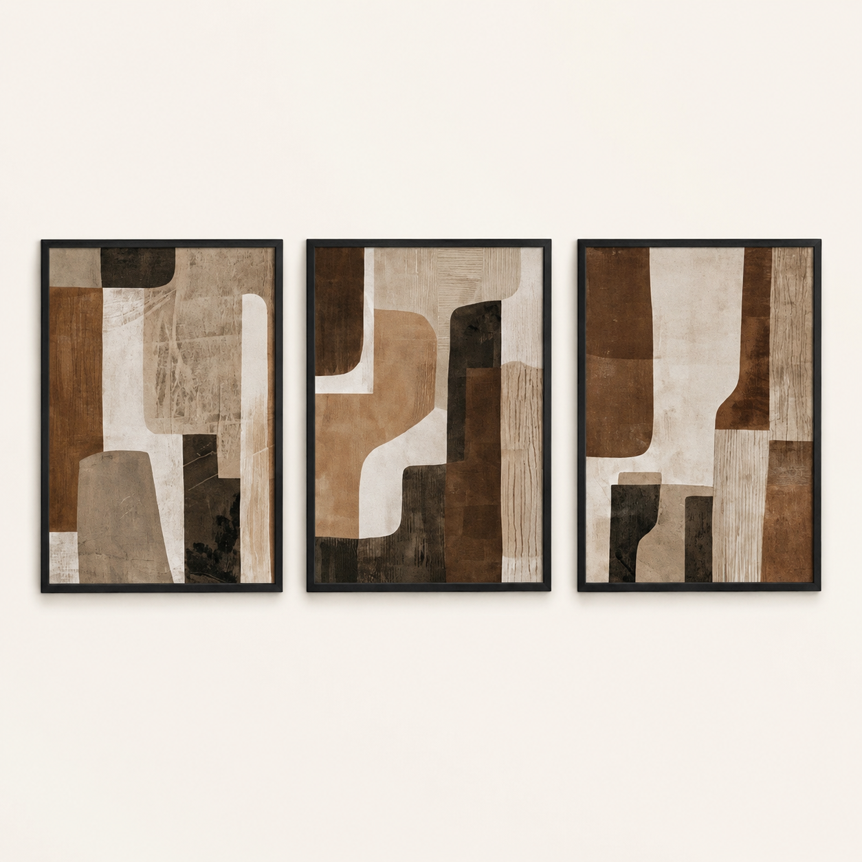 Modern Abstract Earth Tone Wall Art Set of 3 | Framed Canvas Prints | Brown & Beige Minimalist Wall Decor | 30 × 40 cm (12 × 16 in)