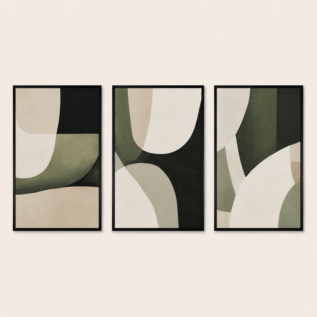 Modern Abstract Green & Black Wall Art Set of 3 | Minimalist Framed Canvas Prints | Sage Green Contemporary Wall Decor | 30 × 40 cm (12 × 16 in)