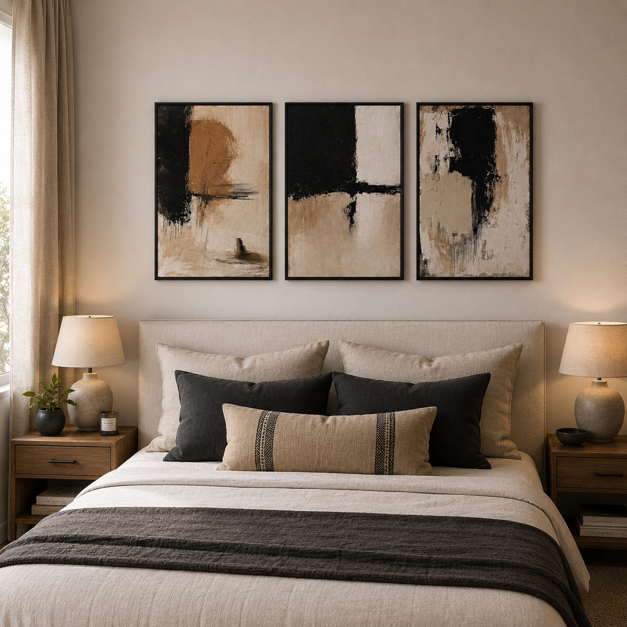 Modern Abstract Black Beige Wall Art Set of 3 | Minimalist Framed Canvas Prints | Neutral Contemporary Wall Decor | 30 × 40 cm (12 × 16 in)