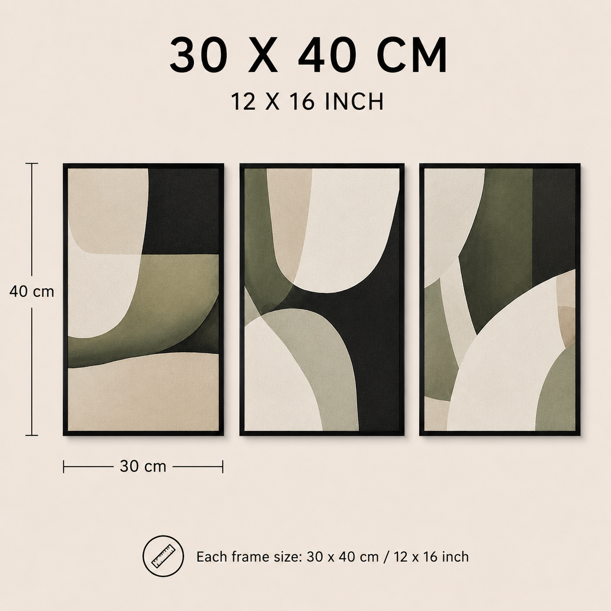 Modern Abstract Green & Black Wall Art Set of 3 | Minimalist Framed Canvas Prints | Sage Green Contemporary Wall Decor | 30 × 40 cm (12 × 16 in)
