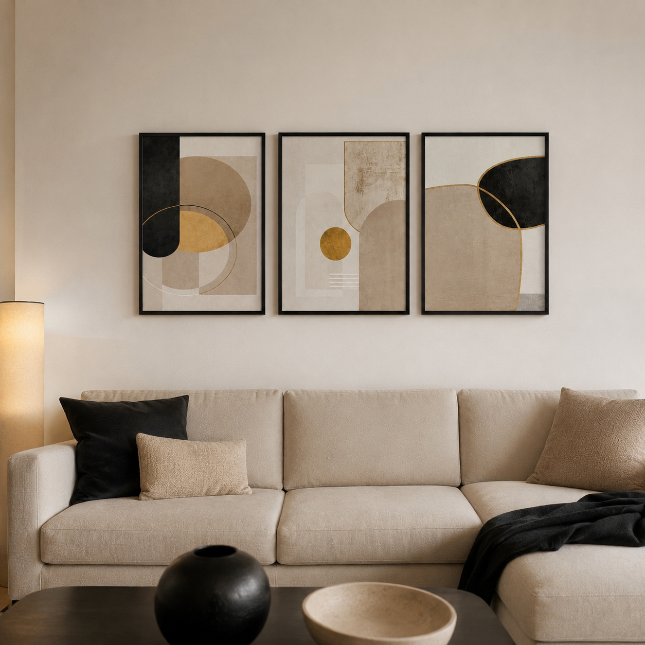 Luxury Modern Abstract Geometric Wall Art Set of 3 | Framed Canvas Prints | Neutral Beige, Black & Gold Wall Decor | 30 × 40 cm (12 × 16 in)