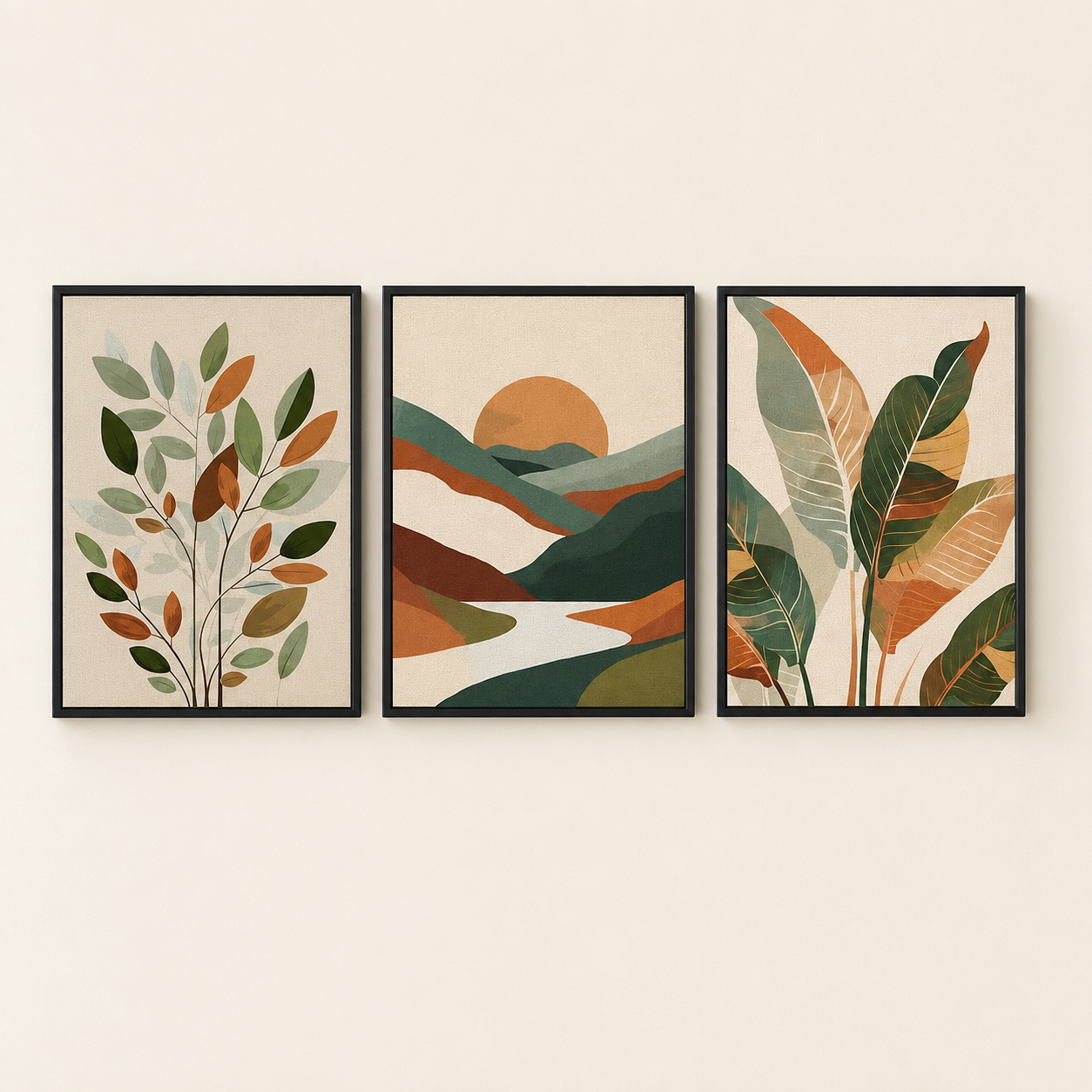 Nature Landscape & Botanical Wall Art Set of 3 | Framed Canvas Prints | Modern Abstract Green & Terracotta Wall Decor | 30 × 40 cm (12 × 16 in)