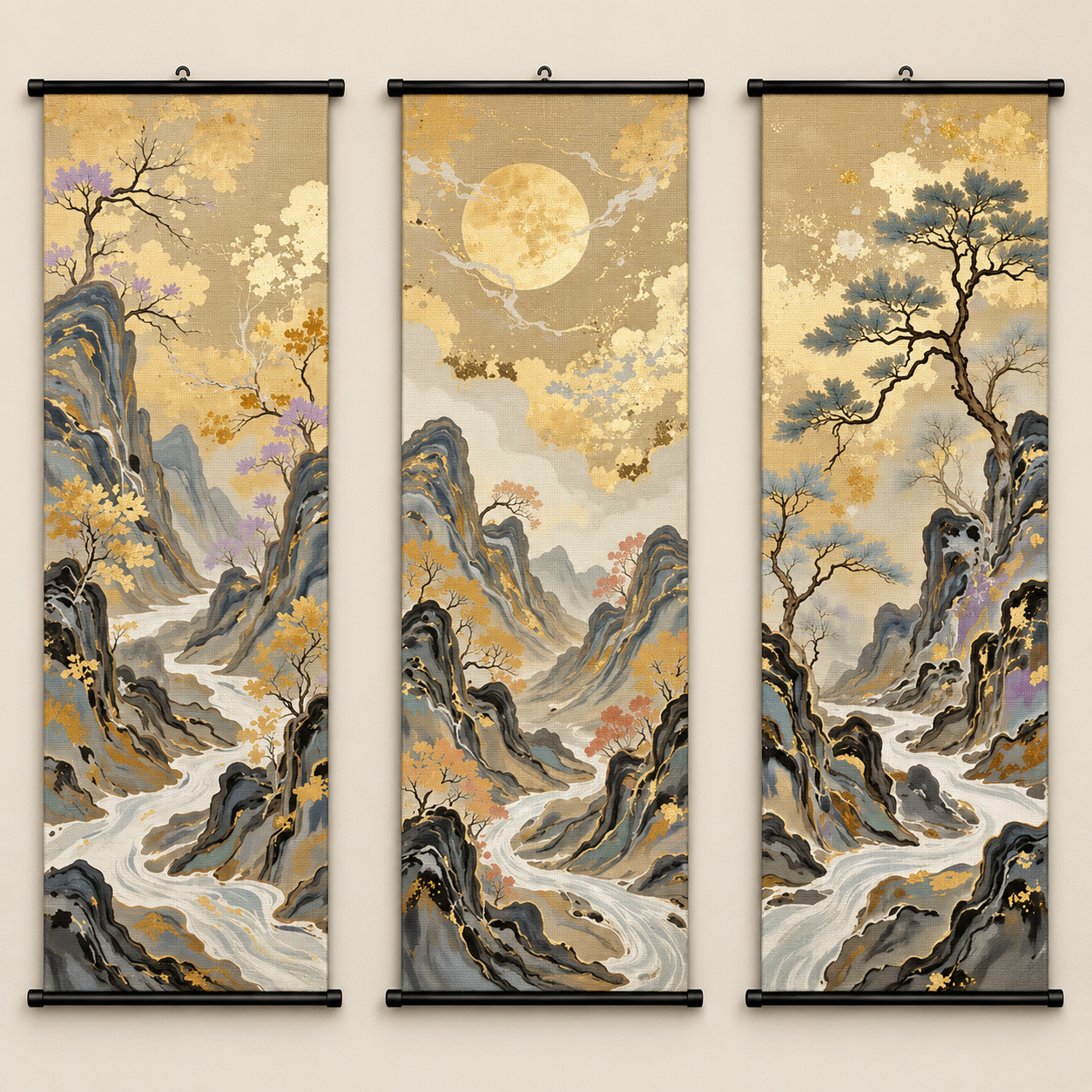 Golden Mountain Scroll Wall Art Set of 3 – Large Japanese Style Canvas Hanging Prints, 120 × 40 cm Landscape Wall Decor for Living Room, Bedroom & Office
