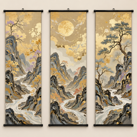 Golden Mountain Scroll Wall Art Set of 3 – Large Japanese Style Canvas Hanging Prints, 120 × 40 cm Landscape Wall Decor for Living Room, Bedroom & Office
