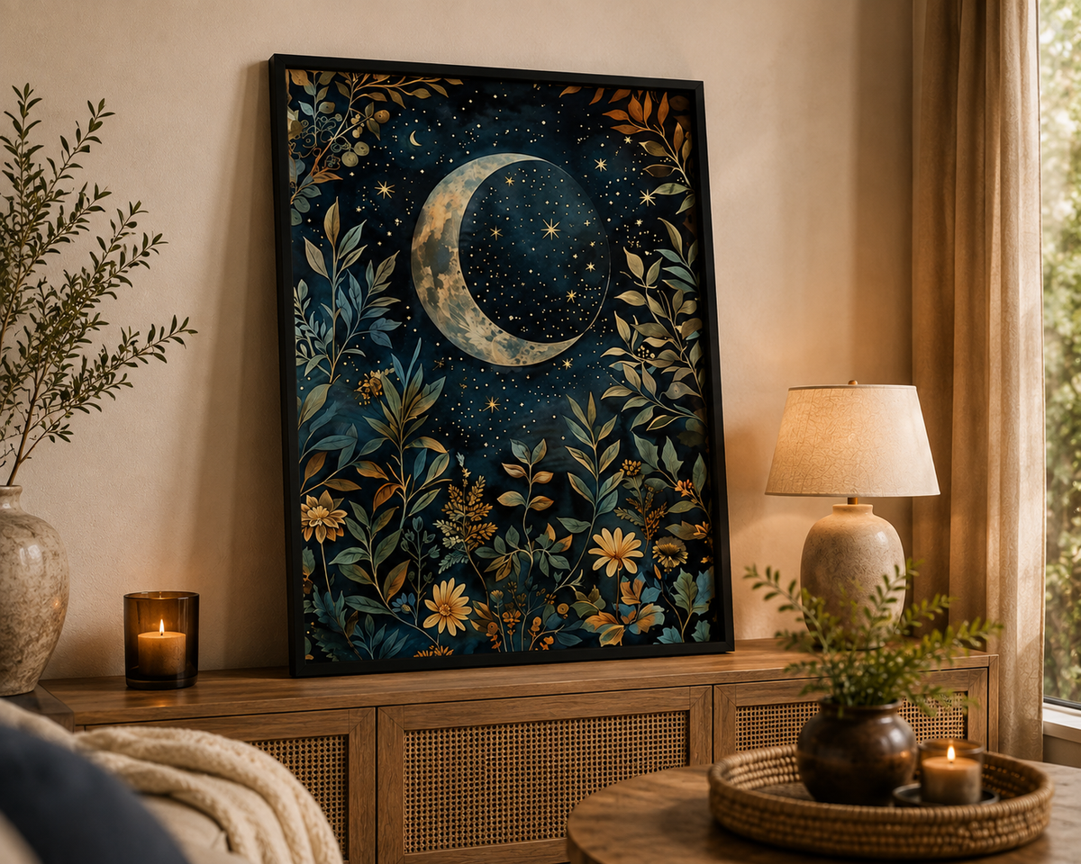 Celestial Moon Botanical Wall Art Set of 2 – 30 × 40 cm Each – Framed