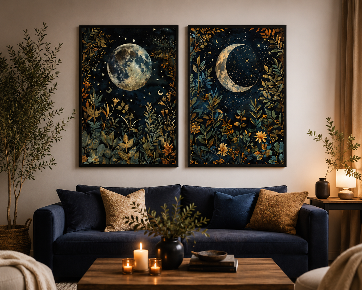 Celestial Moon Botanical Wall Art Set of 2 – 30 × 40 cm Each – Framed