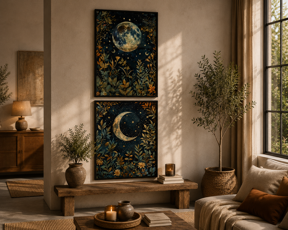 Celestial Moon Botanical Wall Art Set of 2 – 30 × 40 cm Each – Framed
