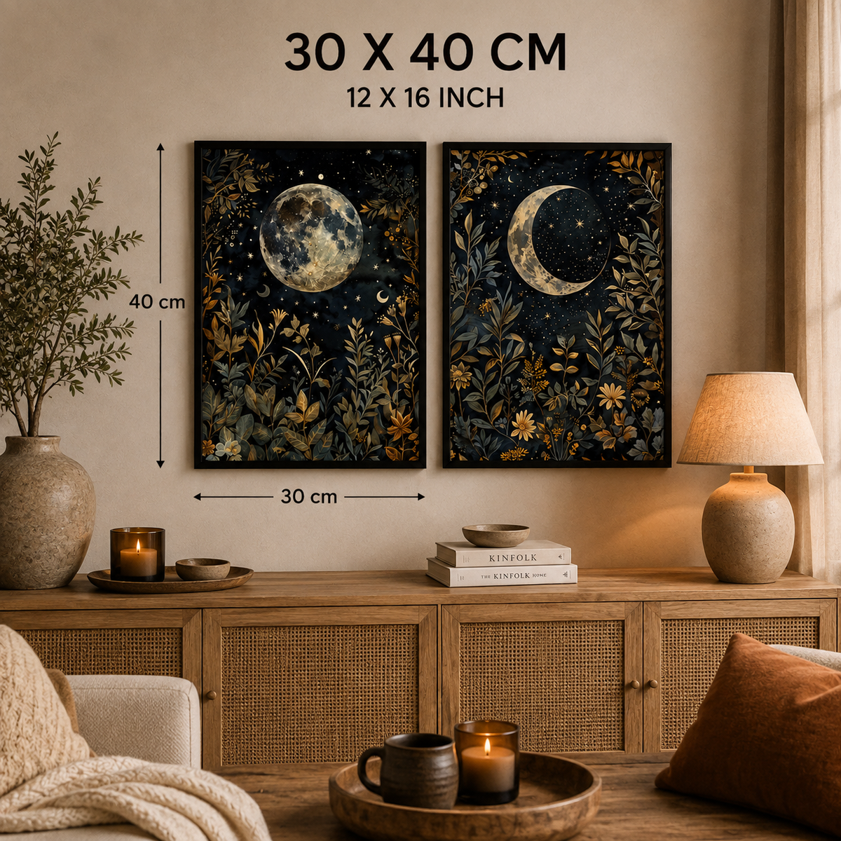 Celestial Moon Botanical Wall Art Set of 2 – 30 × 40 cm Each – Framed