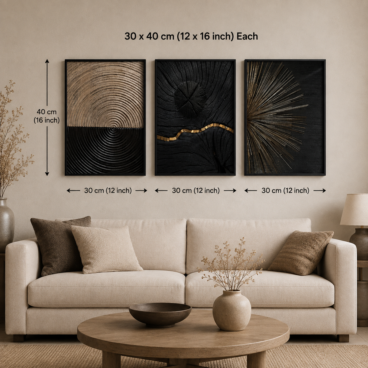 Black & Gold Abstract Framed Wall Art Set of 3 – 30 × 40 cm