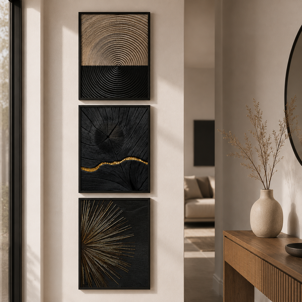 Black & Gold Abstract Framed Wall Art Set of 3 – 30 × 40 cm
