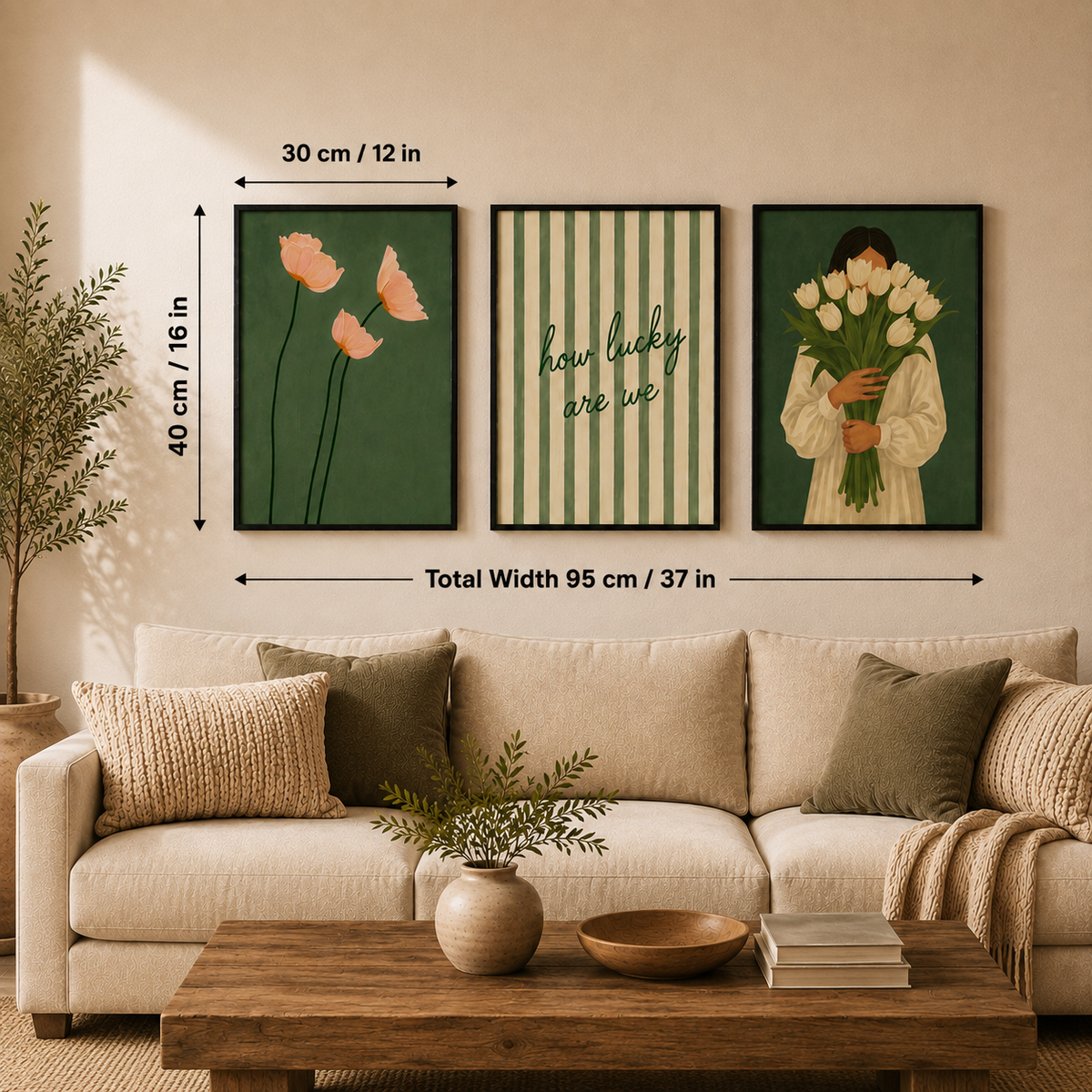 Green Botanical Framed Wall Art Set of 3 – 30 × 40 cm
