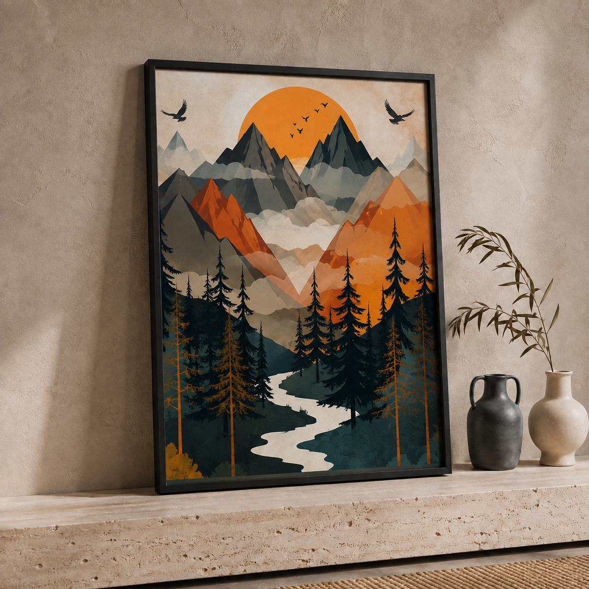 Mountain Sunset Forest Wall Art | Framed Canvas Print | 30 × 40 cm
