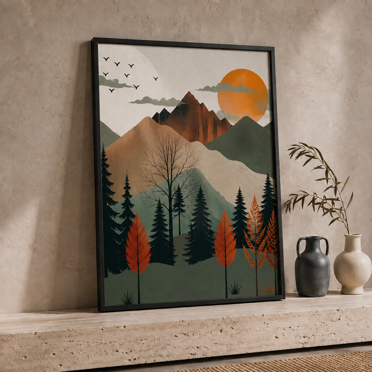 Mountain Sunset Forest Wall Art | Framed Canvas Print | 30 × 40 cm