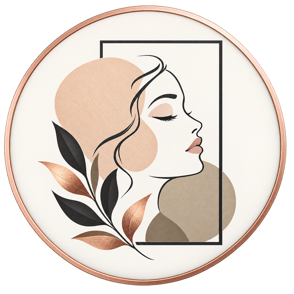 A circular decorative wall art piece featuring a stylized profile illustration of a woman's face with closed eyes, layered with beige and taupe shapes and metallic rose-gold and copper-toned leaves. The artwork is framed by a thin rose-gold circular border on a white background.