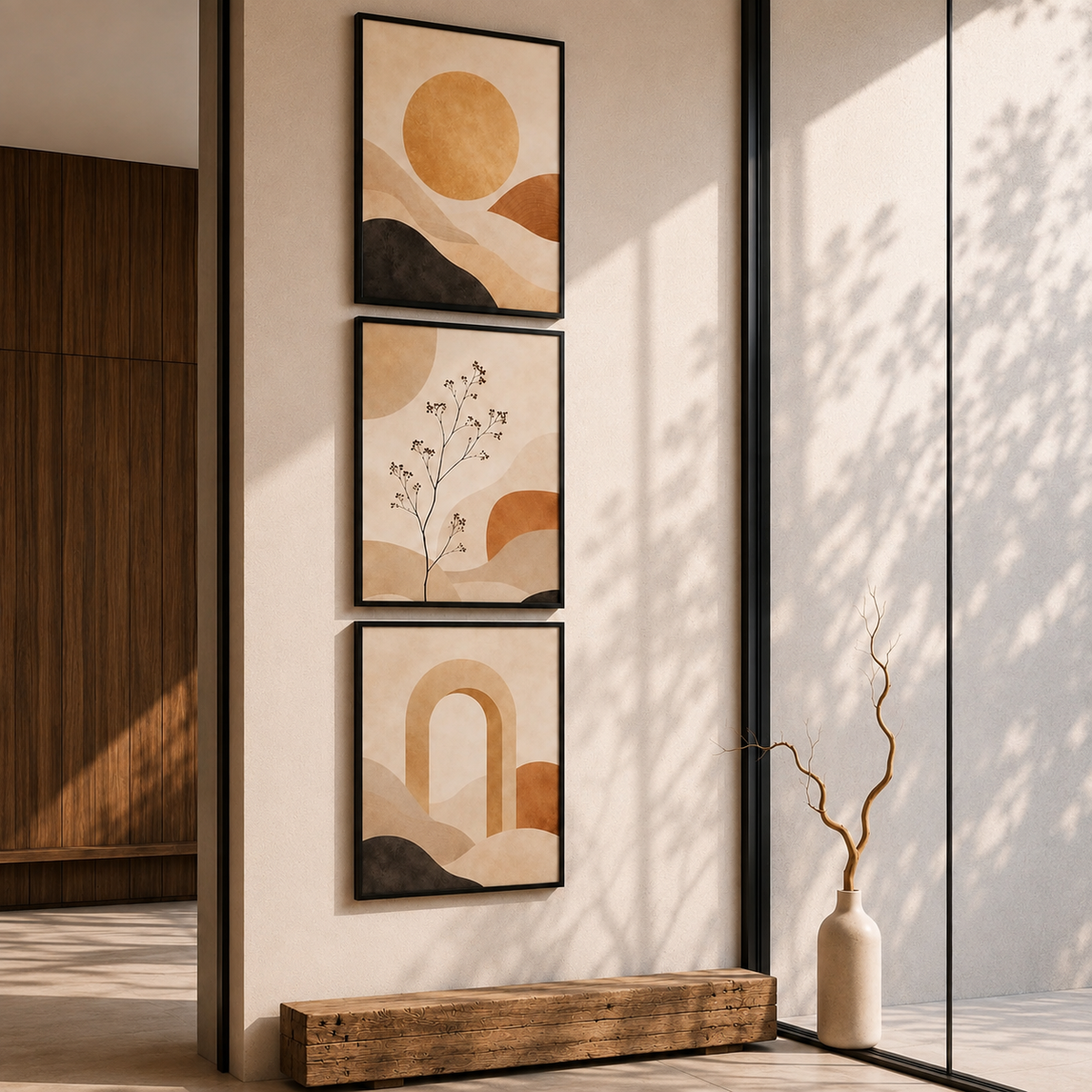 Set of 3 Abstract Framed Wall Art Prints – Neutral Beige, 30 × 40 cm