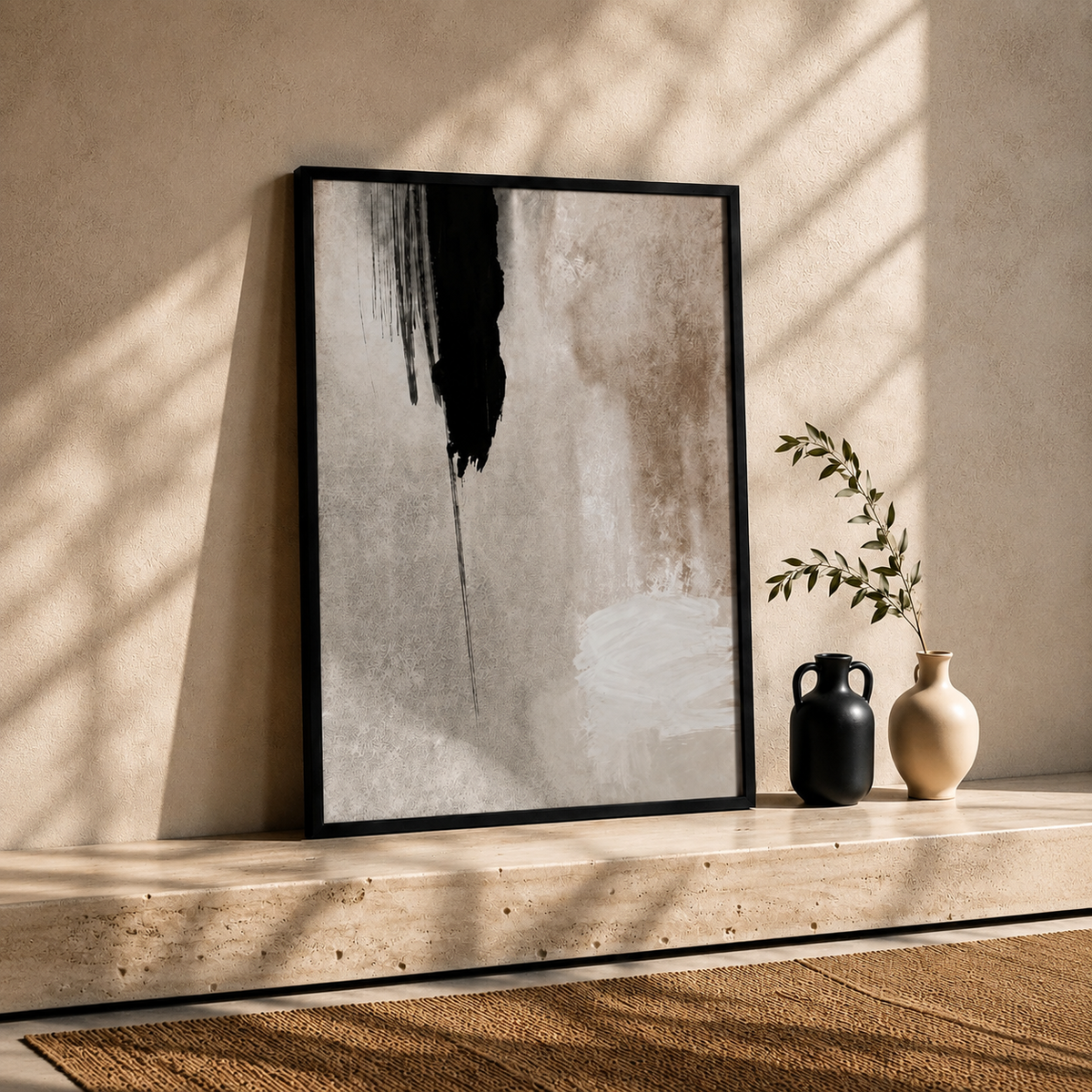 Abstract Wall Art Set of 3 – Black Framed Neutral Prints | 30 × 40 cm