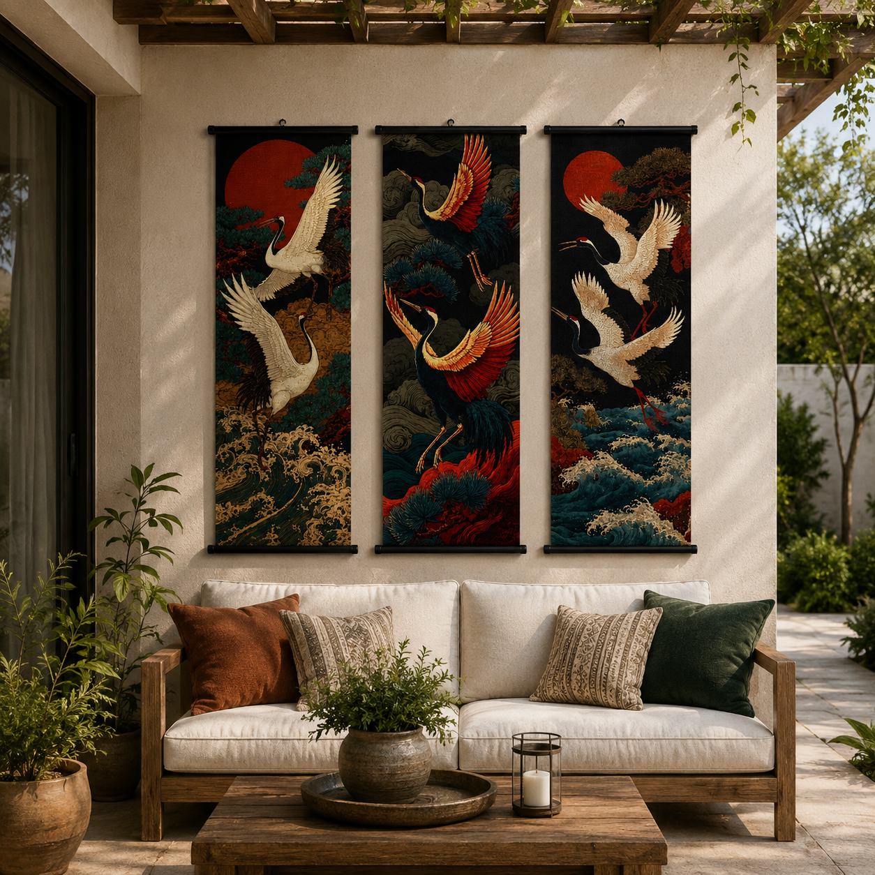 Japanese Ukiyo-e Red-Crowned Crane Scroll Wall Art Set of 3 – Large Canvas Hanging Prints, 120 × 40 cm Zen Bird & Ocean Wave Wall Decor for Living Room, Bedroom & Office