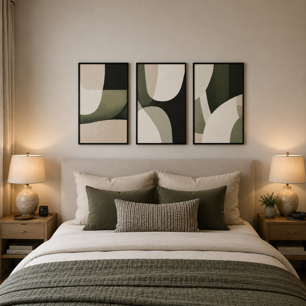 Modern Abstract Green & Black Wall Art Set of 3 | Minimalist Framed Canvas Prints | Sage Green Contemporary Wall Decor | 30 × 40 cm (12 × 16 in)